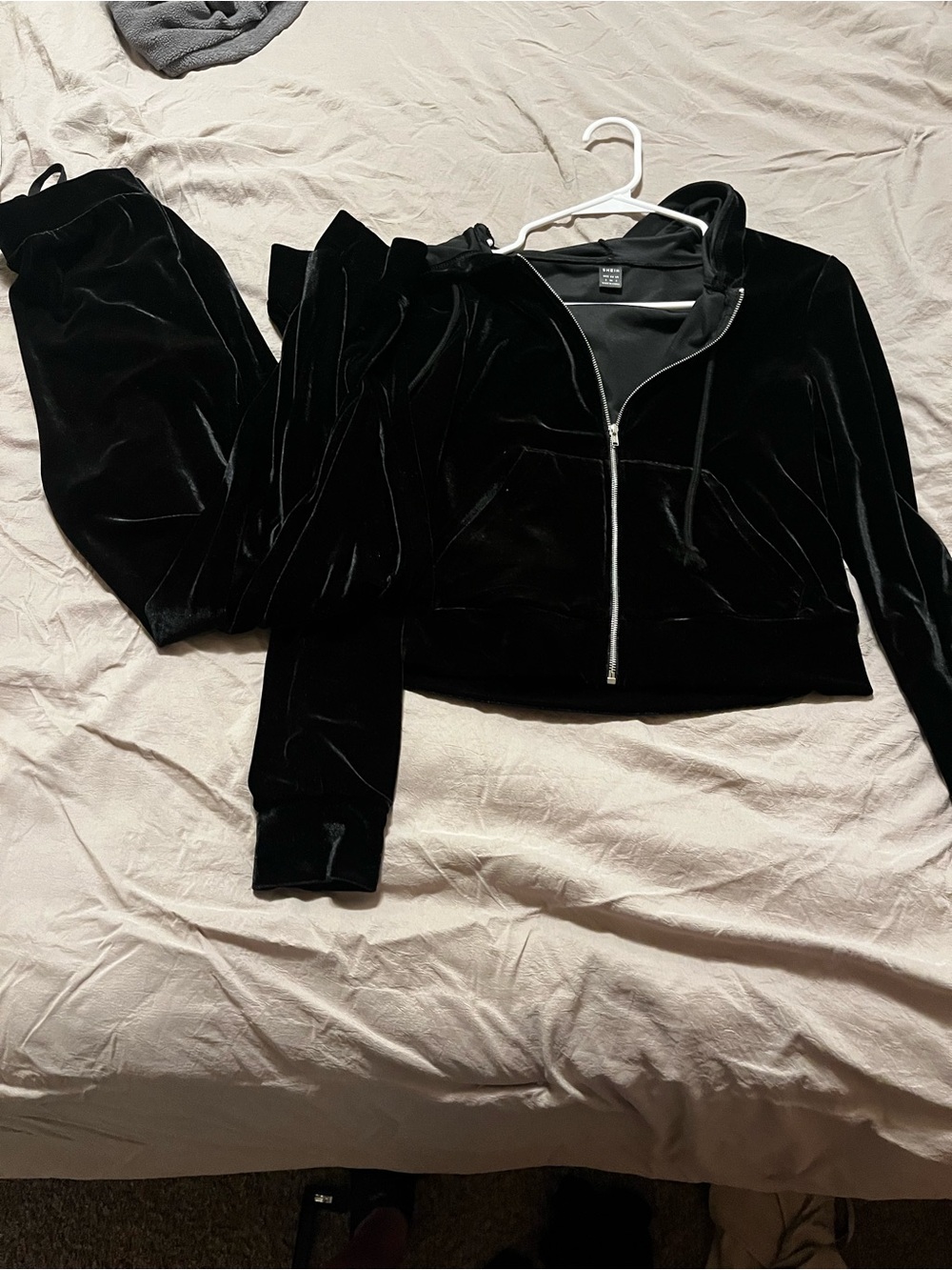 SHEIN Black Velvet Track Pants & Zip Hoodie Set